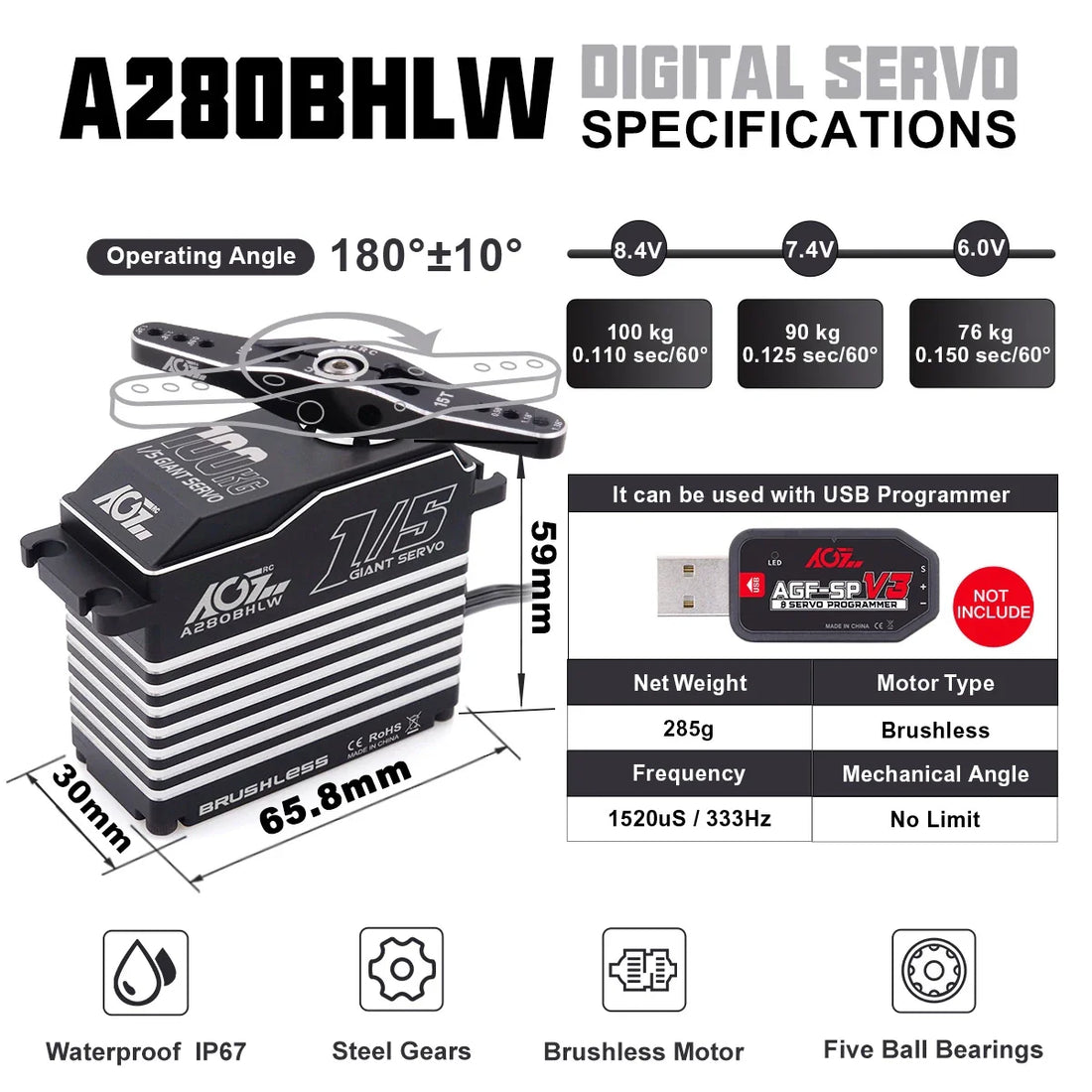AGFRC Brushless 100KG Billet Servo - A280BHLW