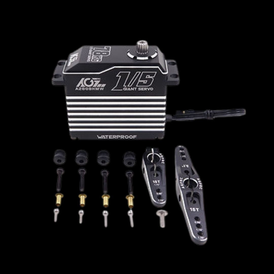 AGFRC Brushless 78KG Billet Servo with various components laid out, predominantly black with some silver and red accents.