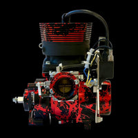 Engine with red and black design on a black background