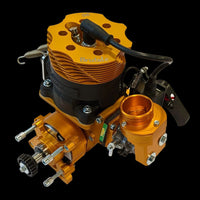 Orange and black engine with visible branding on a black background