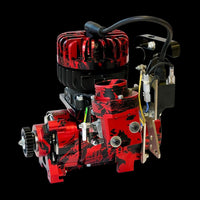 Red and black engine model on a black background