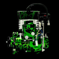 Green and black mechanical model on a black background