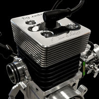 Close-up of a metallic engine block with visible branding on a black background