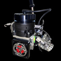 Black throttle body with visible brand name on a black background