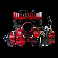 Red and black engine model on a black background