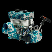 Turbo engine with blue and white camouflage design on a black background