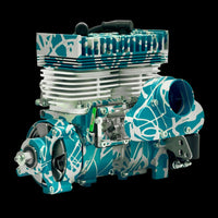 Blue and white engine with intricate design on a black background