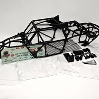 A photograph of the Kraken RC TSK-b Class 1 Kit which includes modular roll cages, heavy duty body kit made of Lexan panels, and other installation accessories for HPI Baja 5b remote control buggy.