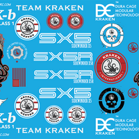 A collection of decal stickers featuring various designs including the Team Kraken logo, the TSK-B/SX5 motifs, and other graphic elements.
