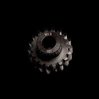 A collection of black carbon steel pinion gears with an 8mm bore designed for use with brushless motors, arranged in four rows on a dark background.