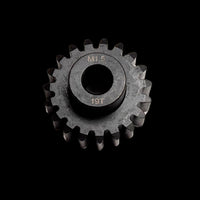 A collection of black carbon steel pinion gears with an 8mm bore designed for use with brushless motors, arranged in four rows on a dark background.