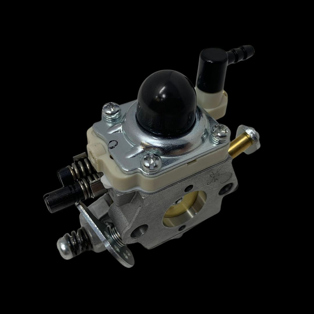 A Walbro WT1257 Extreme Performance Carburetor, with a silver body and various black and gold components, against a black background.