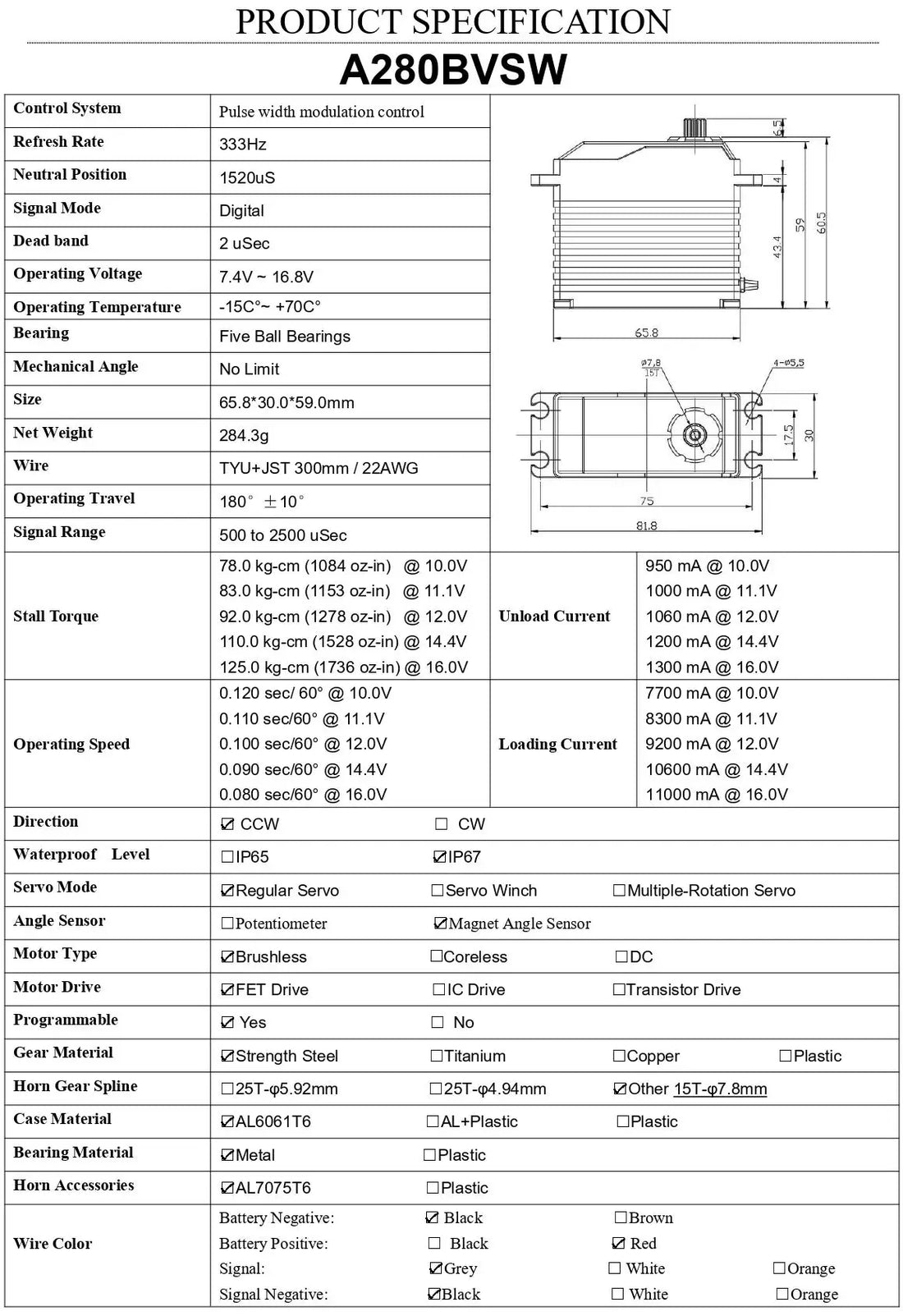 AGFRC Brushless 125KG Billet 4S 16.8V Servo [A280BVSW]