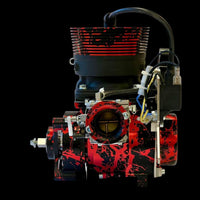 Engine block with red and black design on a black background
