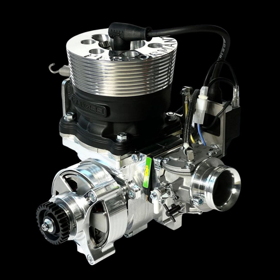 Engine block with various components on a black background