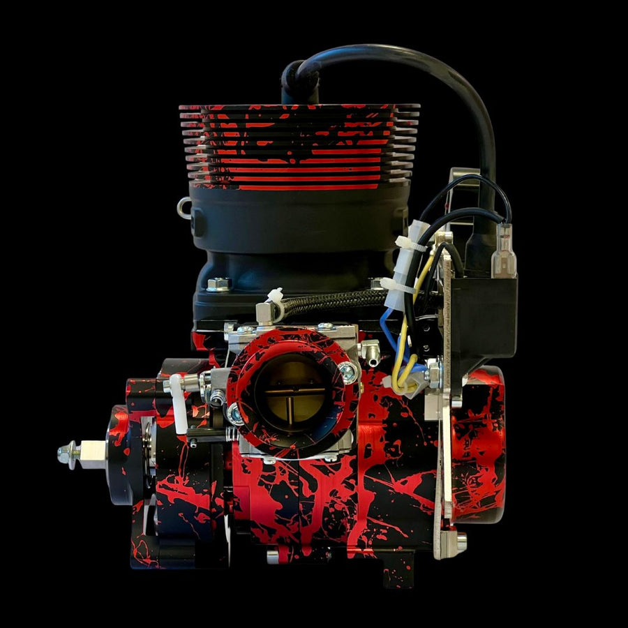Engine with red and black design on a black background