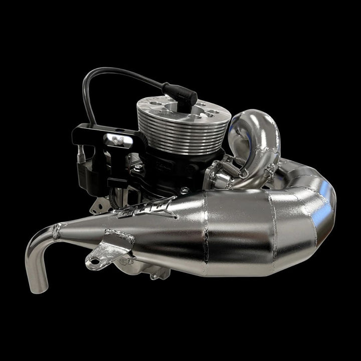 Motorcycle engine with exhaust system on a black background