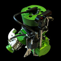 Green and black engine model on a black background