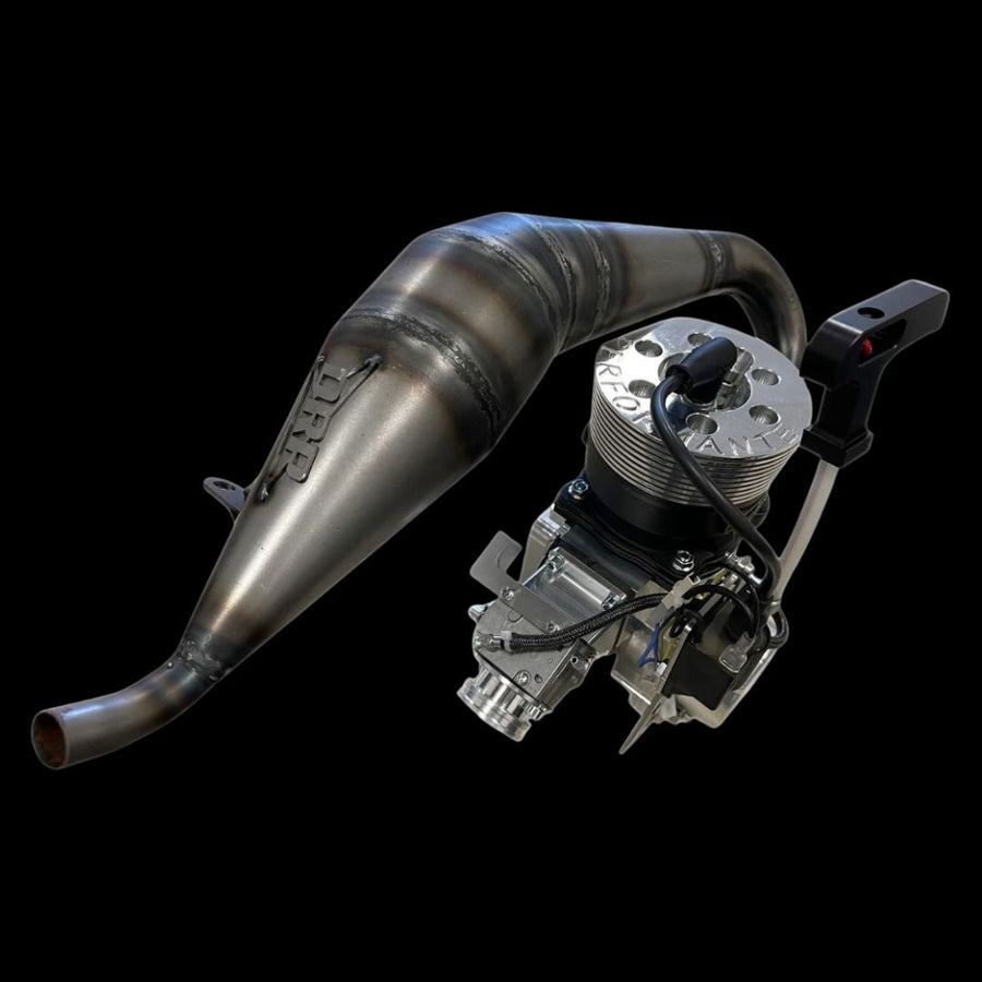 Exhaust system with a metallic finish on a black background