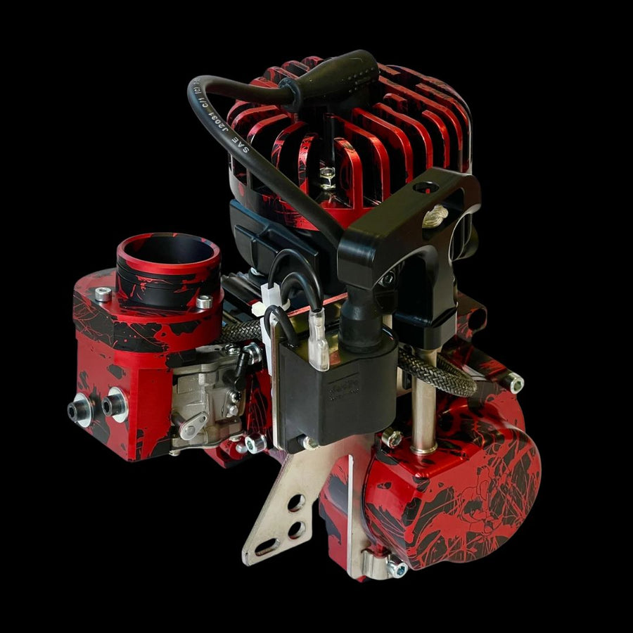 Red and black mechanical engine on a black background