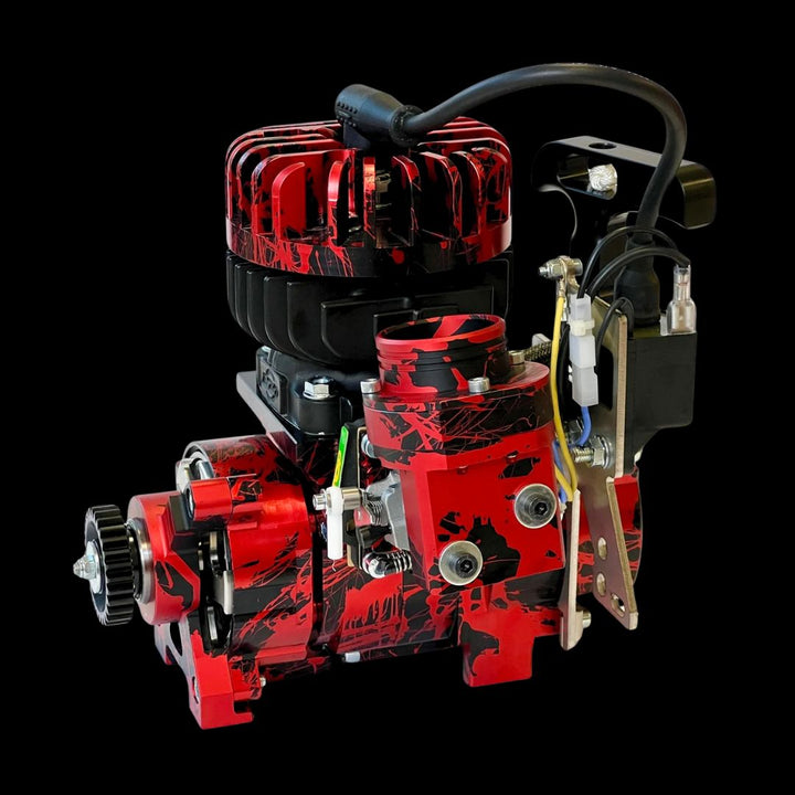 Red and black engine model on a black background