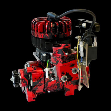 Red and black engine model on a black background
