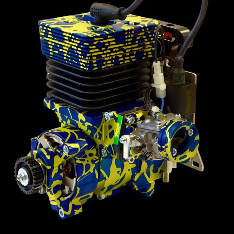 Blue and yellow engine block with visible branding on a black background