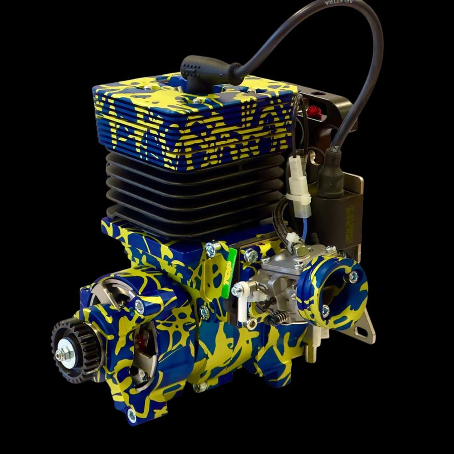 Engine with blue and yellow camouflage pattern on a black background