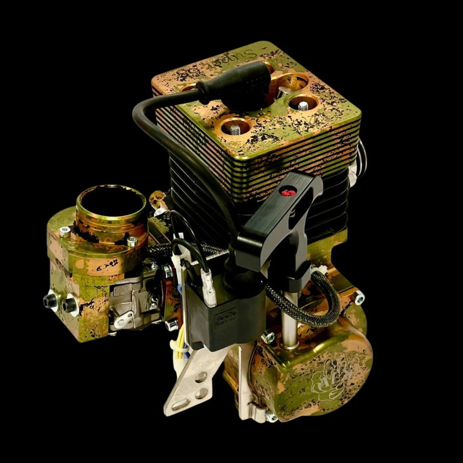 Mechanical engine block with various components on a black background