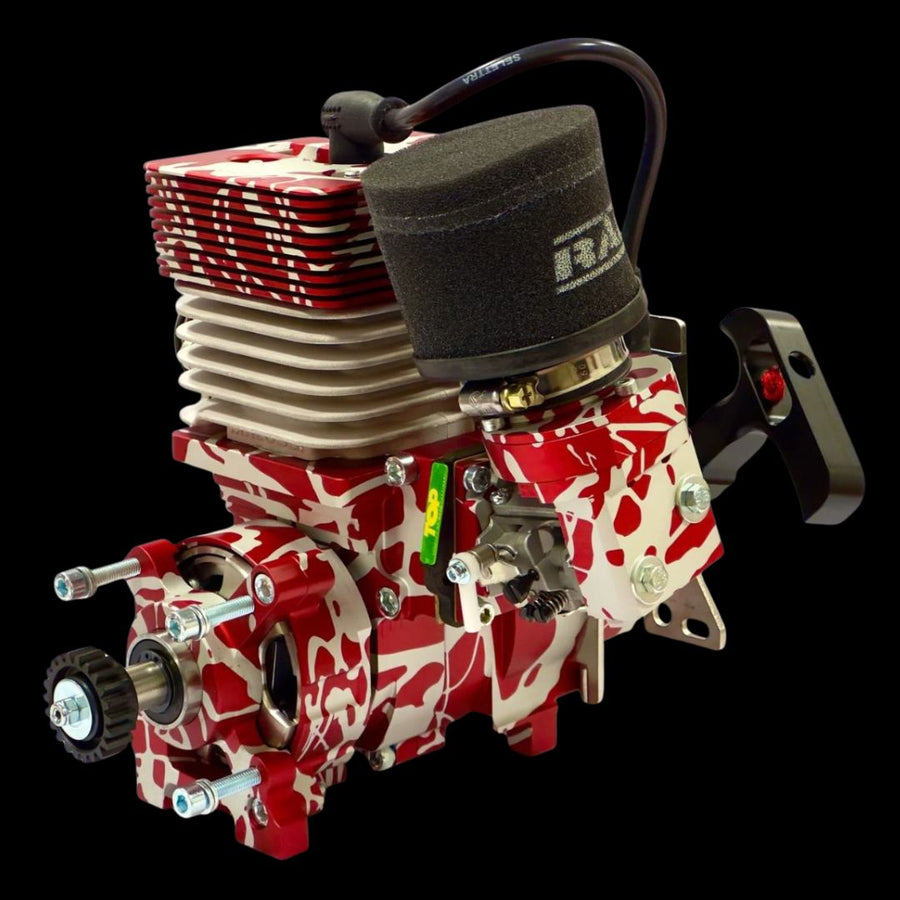 Red and white engine block with visible branding on a black background