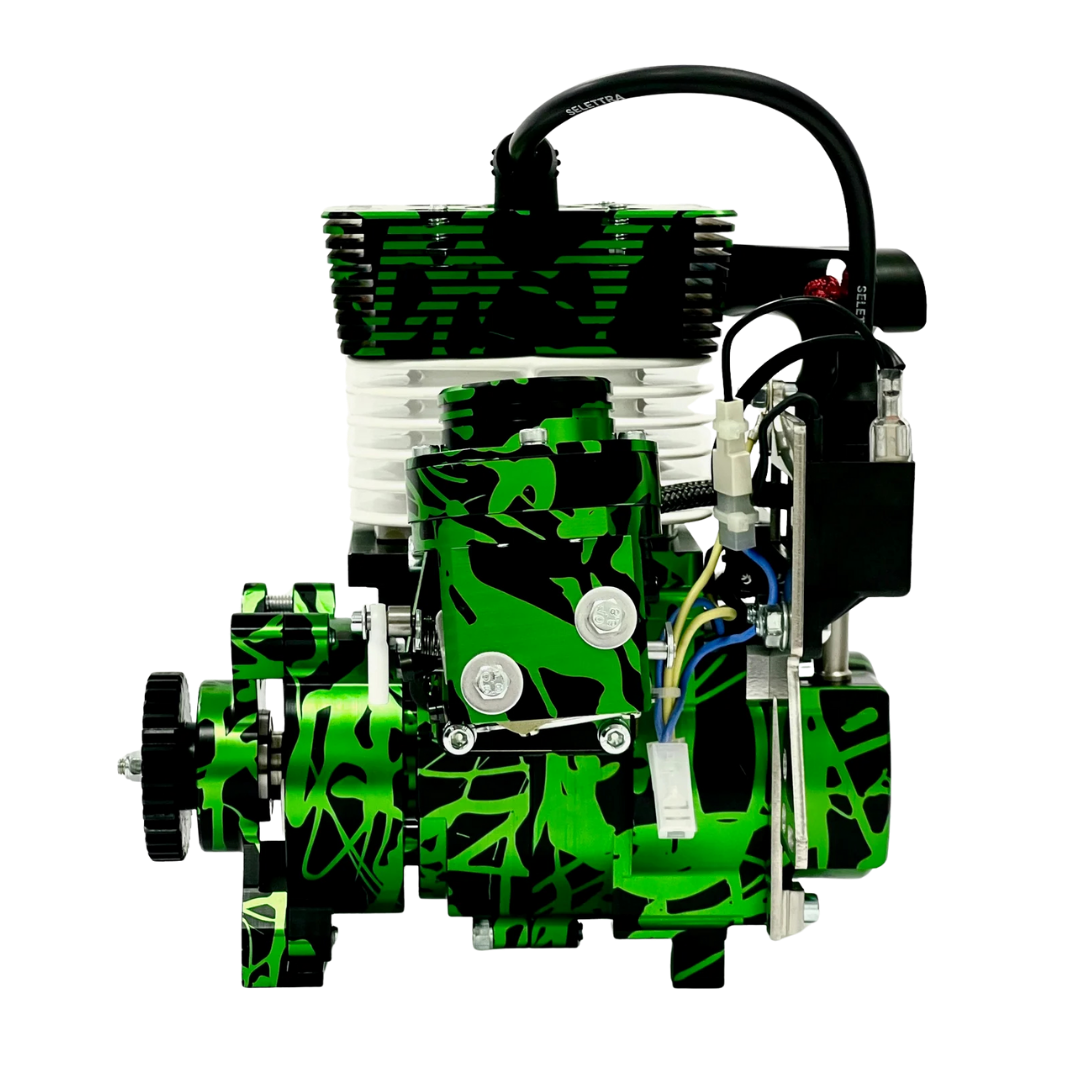 Green and black engine model on a white background