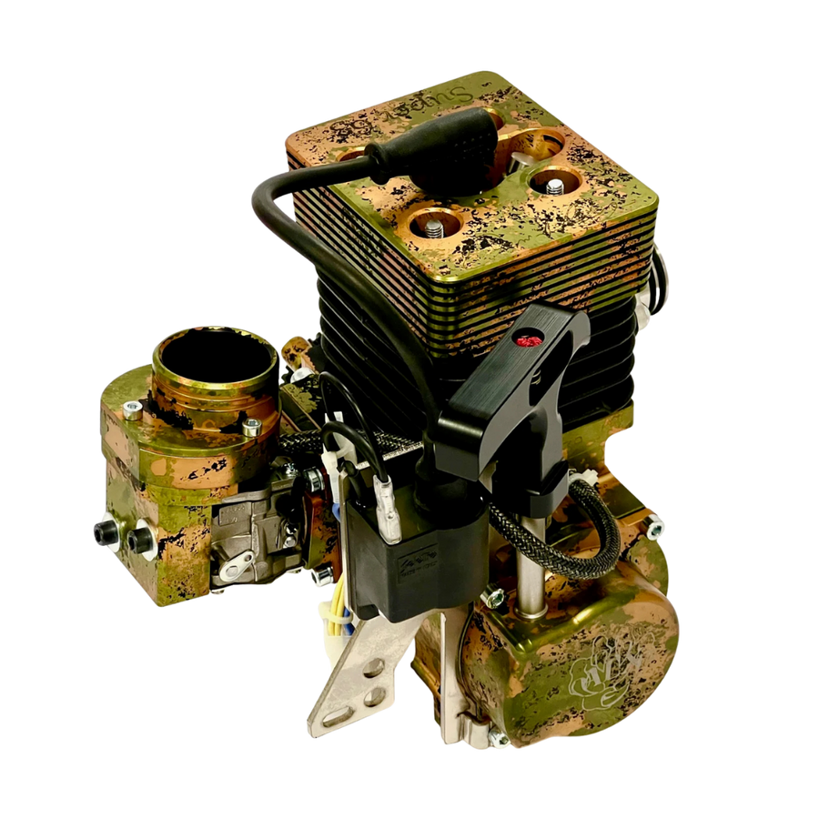 Camouflage-patterned mechanical engine block on a white background