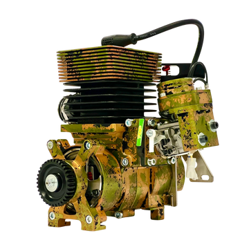Camouflage-patterned engine on a white background
