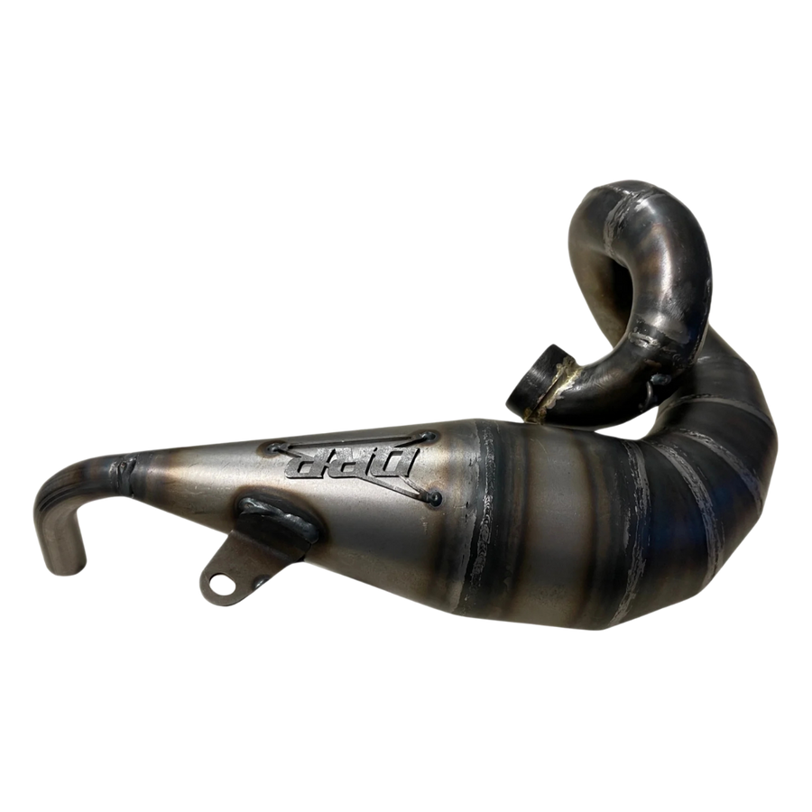 Metallic exhaust pipe with 'DRP' branding on a white background