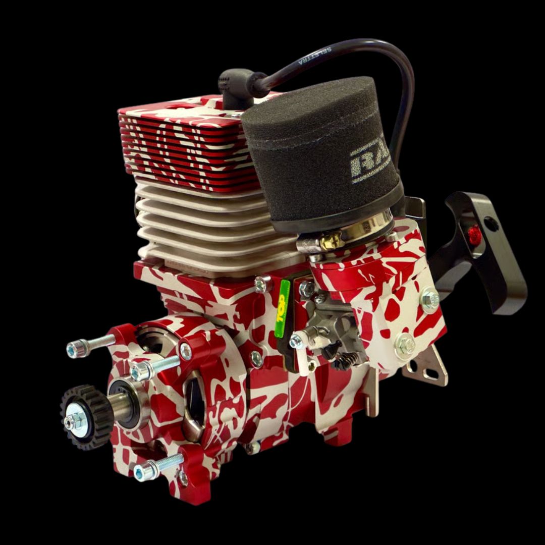 Red and white engine with visible branding on a black background