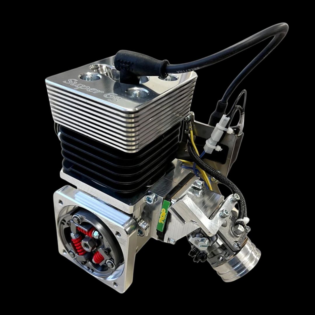 Engine block with various components on a black background