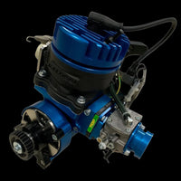 Blue and black mechanical engine component on a black background