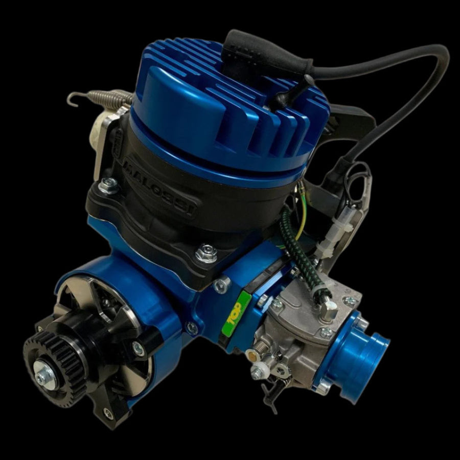 Blue and black mechanical engine component on a black background