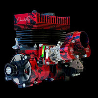 Engine block with red and black design on a black background