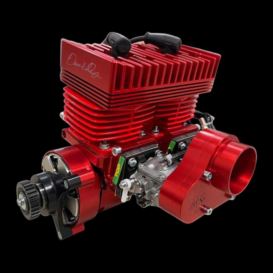 Red engine block with visible branding on a black background