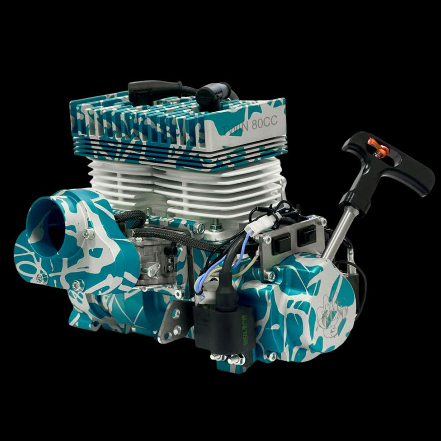 Turbo engine with blue and white camouflage design on a black background
