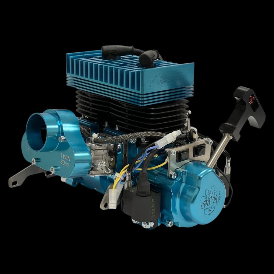 Blue engine with components on a black background