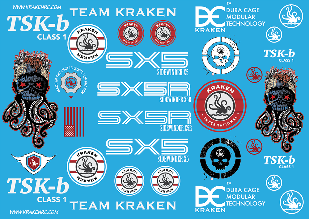 A collection of decal stickers featuring various designs including the Team Kraken logo, the TSK-B/SX5 motifs, and other graphic elements.