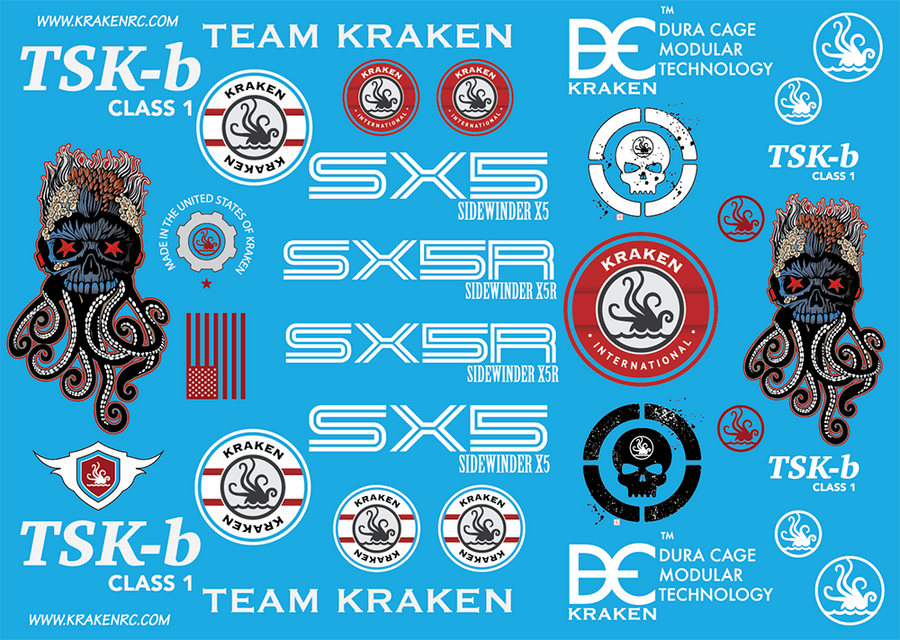 A collection of decal stickers featuring various designs including the Team Kraken logo, the TSK-B/SX5 motifs, and other graphic elements.
