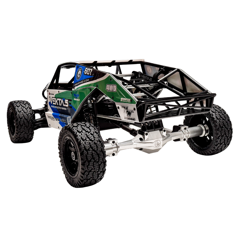 Model off-road vehicle chassis with visible branding on a white background