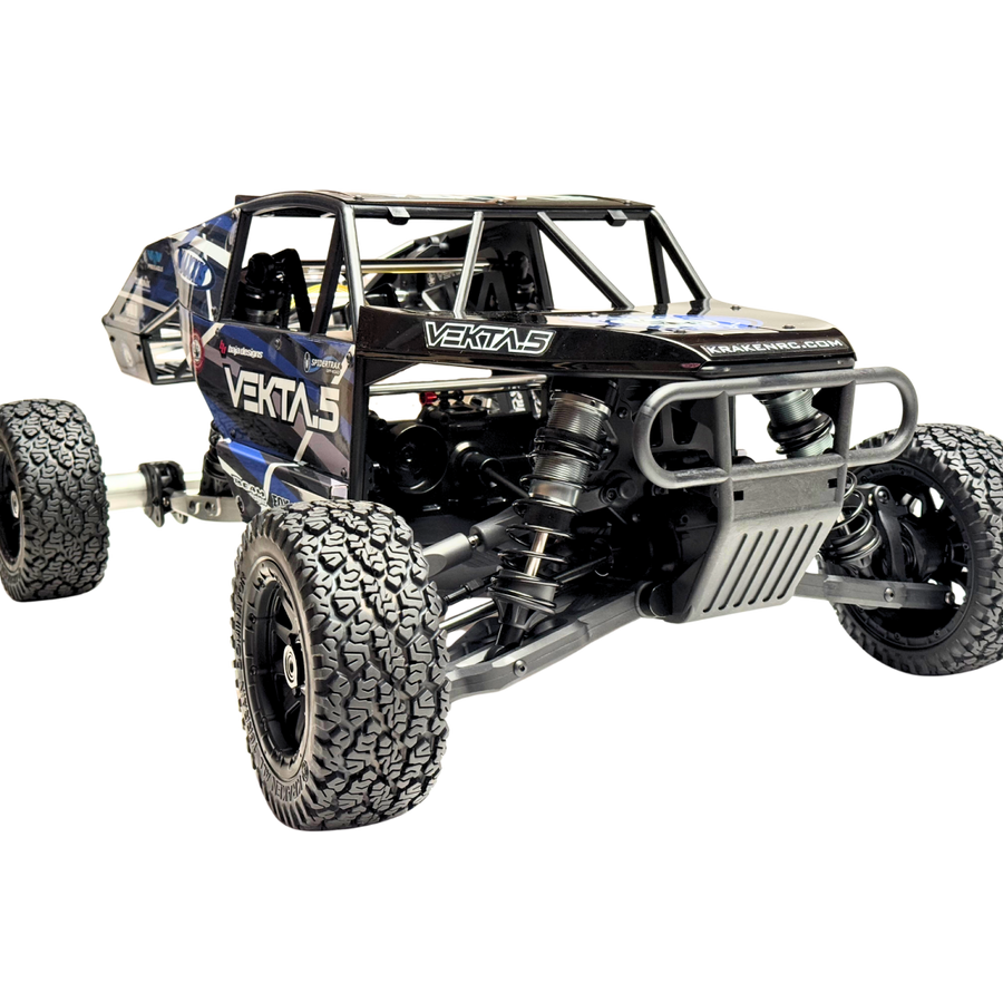 Black off-road RC car with 'Vekta' branding on a white background