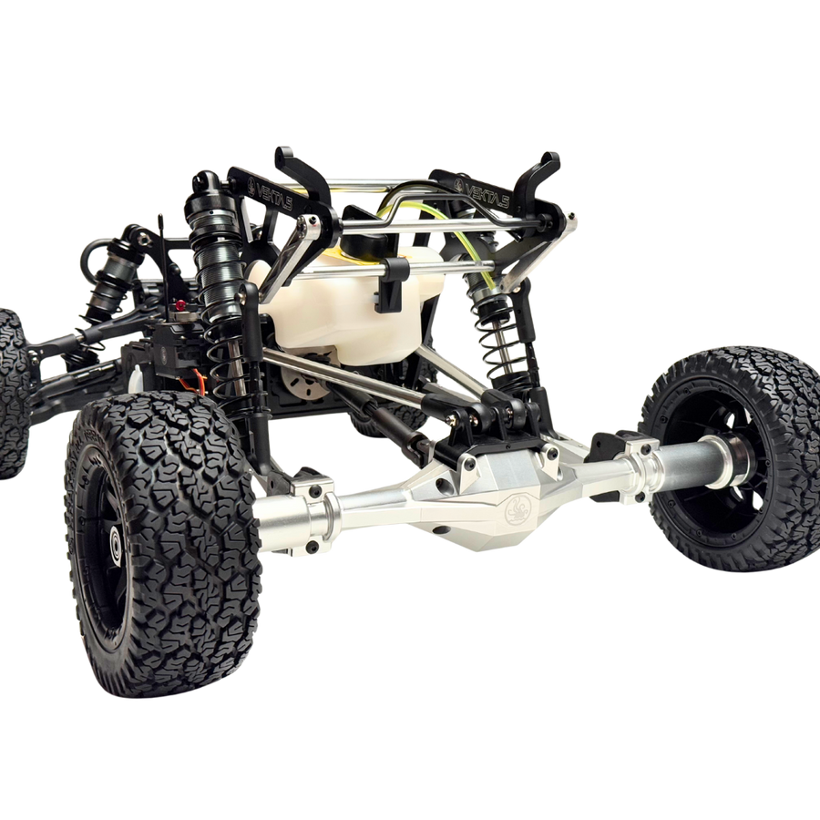 Close-up of a VEKTA buggy rear axle vehicle chassis on a white background