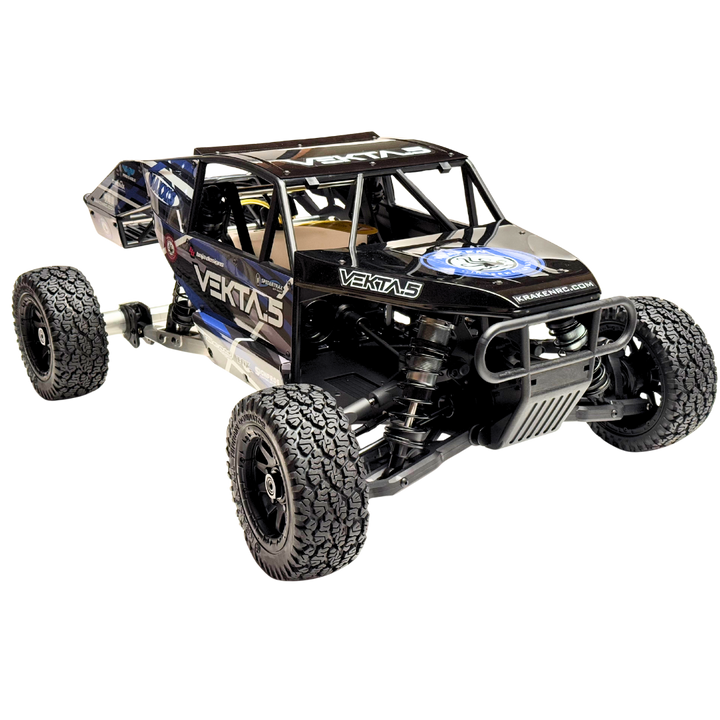 Black off-road RC car with 'Vekta5' branding on a white background