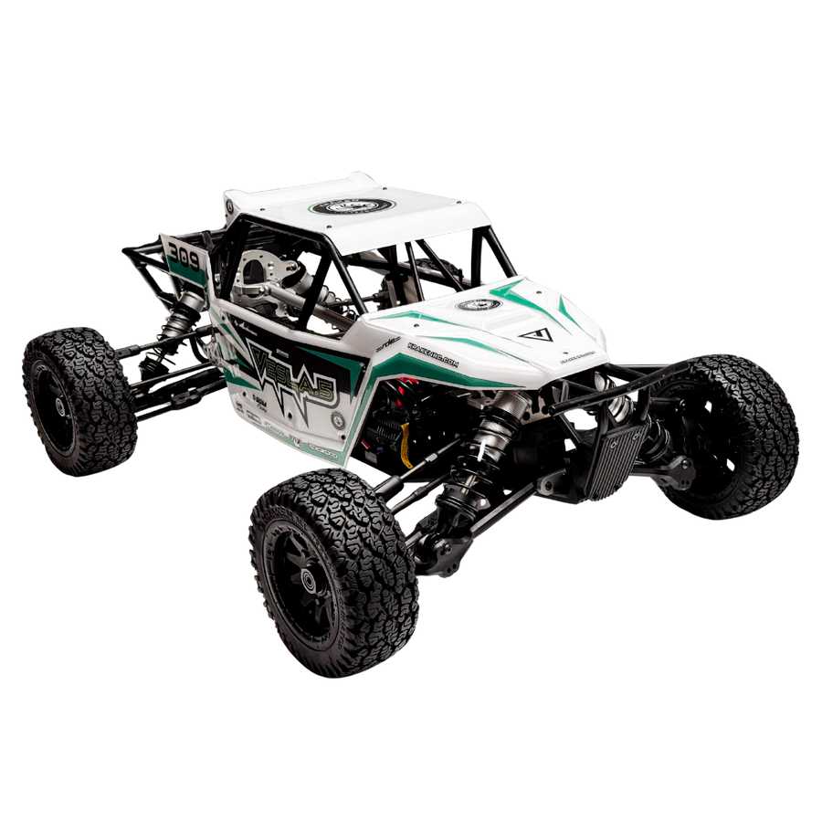 Model off-road vehicle with a white and green design on a white background