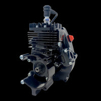 A blacked out TAYLOR 35cc V2 Billet Reed Engine, showcasing its anodized finish and billet parts.